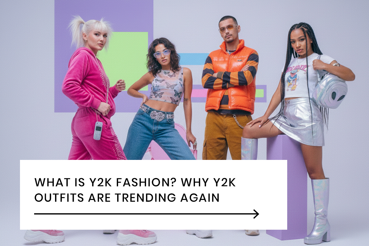 Y2K fashion outfits with bold colours, crop tops, metallic fabrics, and early 2000s style