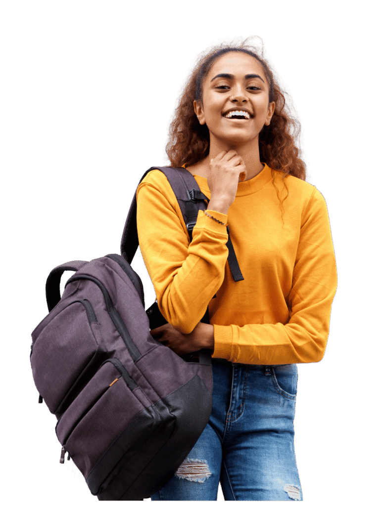 Fashion design student with backpack smiling